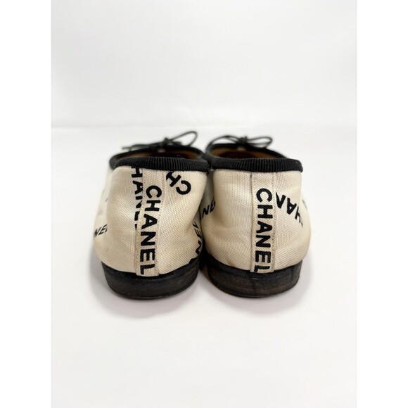 Chanel Ballet Flats White & Black Leather & Canvas Monogram Logo Y2K Sz 35 - Picture 11 of 15